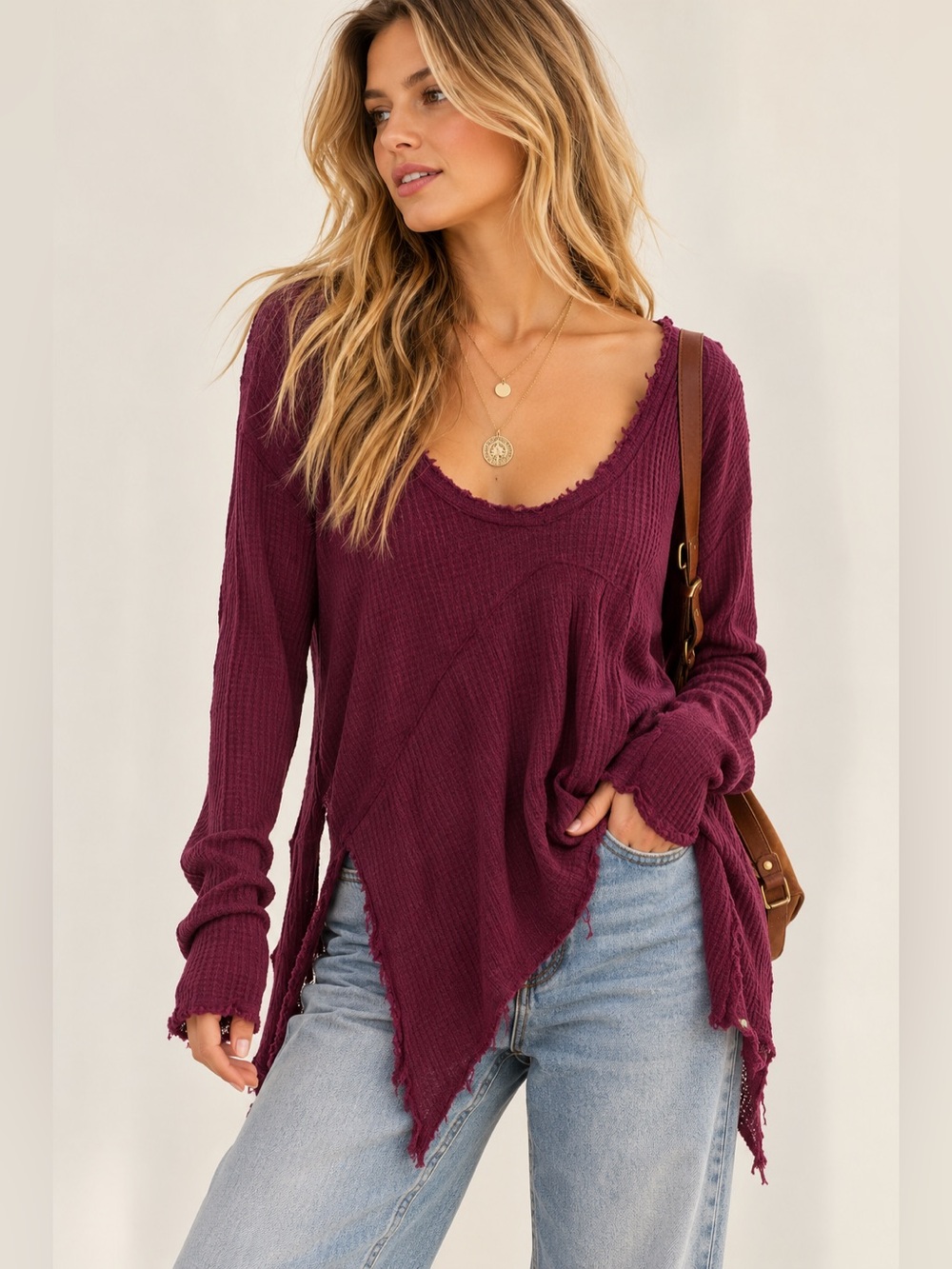 Free People Washed Ribbed Scoop Neck Long-Sleeve Top - Plum